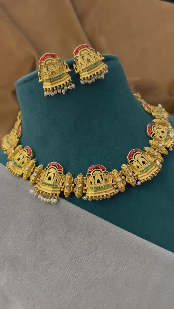 Rajasthani Palace Motif Necklace Set with Antique Finish